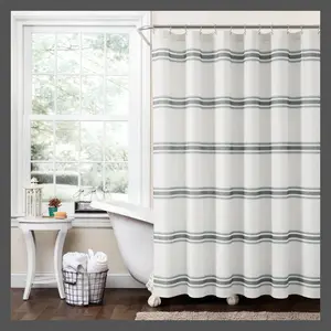 Lush Decor Farmhouse Stripe Cotton Printed Shower Curtain 72"x72", Dark Gray