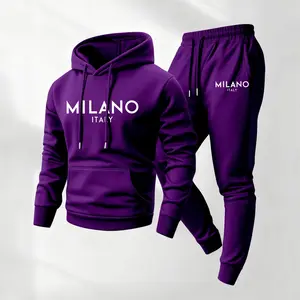 Men's Milano Patterned Hoodie And Drawstring Track Pants Set, Men's Casual Athletic Long-Sleeved Hooded Jacket And Pants, Suitable For Fall And Winter, Street Style Hoodie Set, Everyday Wear, Indoor And Outdoor Sportswear