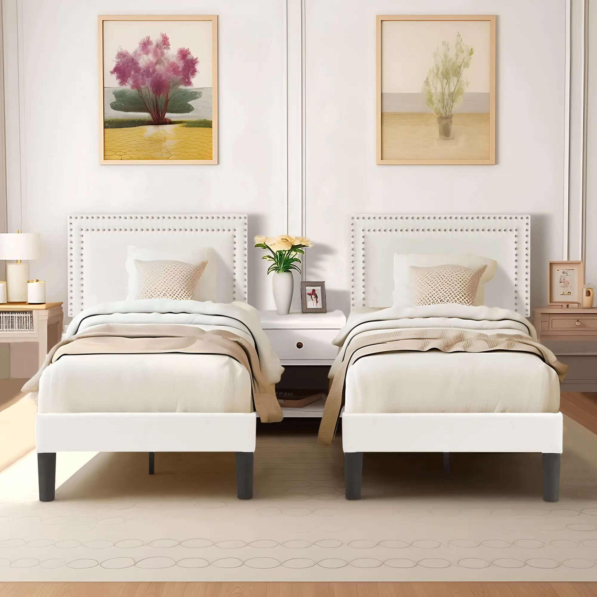 VECELO Set of 2 Twin Size Bed Sizw with Beige Upholstered Velvet Headboard and Footboard Wooden Slat Support Platform Bed Frame No Box Spring Needed