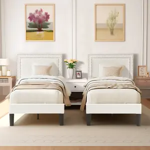 VECELO Set of 2 Twin Size Bed Sizw with Beige Upholstered Velvet Headboard and Footboard Wooden Slat Support Platform Bed Frame No Box Spring Needed