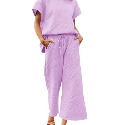 FISOEW Lady's 2-Piece Matching Set for Women - Soft Cozy Textured Short Sleeve Top, Drawstring Waist Cropped Wide Leg Pants, Casual Lounge Nightwear for Airplane, Women's 2 Piece Pants Set