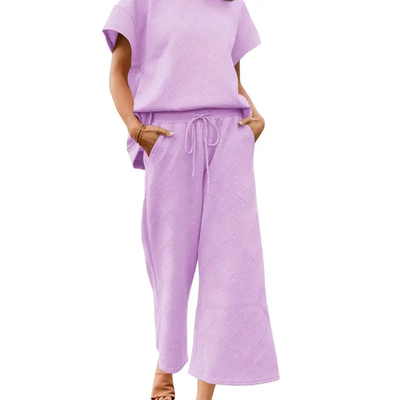 FISOEW Lady's 2-Piece Matching Set for Women - Soft Cozy Textured Short Sleeve Top, Drawstring Waist Cropped Wide Leg Pants, Casual Lounge Nightwear for Airplane, Women's 2 Piece Pants Set