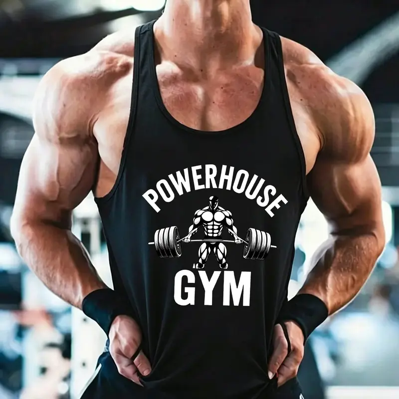 Powerhouse Gym Graphic Tank Top for Men - Slim Fit Workout Sleeveless Shirt, Breathable Muscle Tee for Bodybuilding, Streetwear Athleisure Vest for Gym, Casual & Light Outdoor Wear Fitness T-Shirt, Athletic Tops, Athletic Wear, Workout Clothing