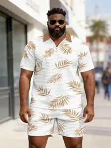 Men's Tropical Palm Leaf Clear New Waffle Texture Print Polo Set, Large Size Zipper Men's Clothing, Summer Casual Breathable Beach Vibe