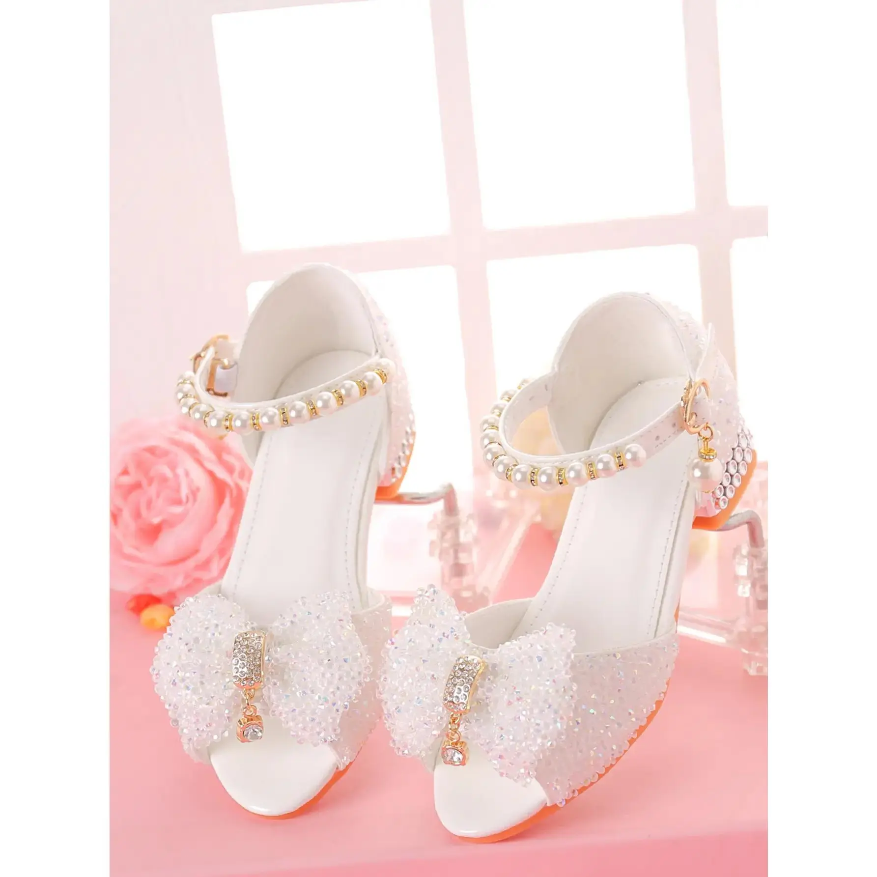 2026 Girls' Formal Elevated Sandals - White High-Heel Kids' Footwear for Model Performances and Fashion Shows