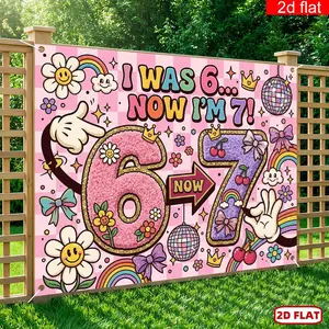 1pc 2D Flat banner , Banner, , Party Banner Backdrop, 'I WAS I'M 7', Pink and White Checkered Background, Flower Rainbow, Disco Ball and Other Elements, Very Suitable for Birthday Party Background, Room Wa