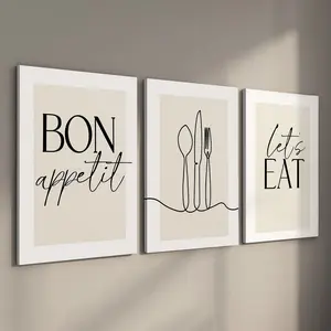 3 Counts Wood Framed Canvas Modern Bon Appetit, Lets Eat Wall Art, Kitchen Decor, Dining Room Wall Art, Kitchen Quotes, Ready To Hang, Waterproof Canvas Wall Art, Artwork Wall Painting For Gift