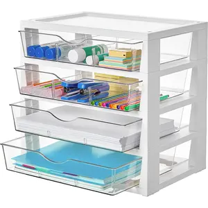Clear Desk Organizer, 4-Tier Assemble Desktop File Organizer with Drawers, Office Desk Organization for Office Supplies