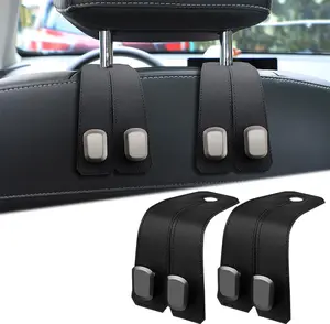 Leather Purse Hook for Car - Universal Premium Stitched Leather and Aluminum-Magnesium Alloy Double Car Seat Back Storage Hook for Purses, Handbags, Bags, Black(2 Pack)