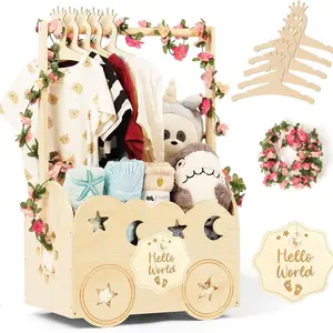 Wooden Baby Shower Basket with Hanger Rack, Newborn Essentials Organizer, Welcome Gift Basket, Pregnancy Gifts, Halloween, Christmas, New Year