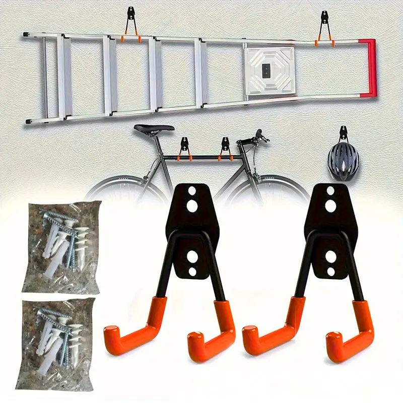 Durable Heavy Duty Dual Color Metal Tool Hooks, Wall Mounted Garage Organizer Rack, Space-Saving Storage Solution for Ladders Bikes Tools, Garden Tool Organizer, Yard Tool Rack