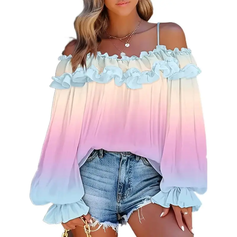 Women's Casual Off Shoulder Ruffle Blouse - Fashion Gradient Flowy Longsleeves Top for Summer, Lady, Gradient Mix, Mixed Color
