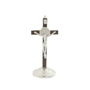 Catholic Crucifix with Self-Adhesive Base - 4.9" (12.5cm) Religious Ornament Stylish Religious Decor for Home/Office Desktop, Car Dashboard & Console, Metal & Wood Accent Decor, Wooden Cross Decorations (73g)