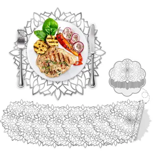 50PCS Disposable Silver Metallic Round Paper Placemats Round Floral Charger Table Mat Table Setting Mat Pressed Paper Round Place Mat for Christmas Wedding Birthday Party Table Decor Supplies