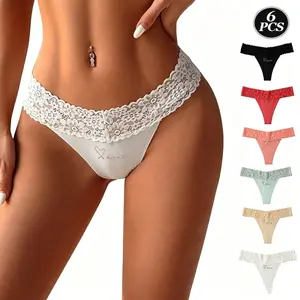 6-Piece Set of Lace Trimmed Thongs in Multiple Colors for Women's Underwear Collection