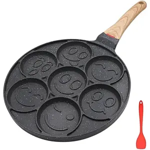 Pancake Pan Induction, Smiley Face Pancake Frying Pan Non Stick, 7 Holes Mini Pancake Maker for Kids 10.4 in - Black