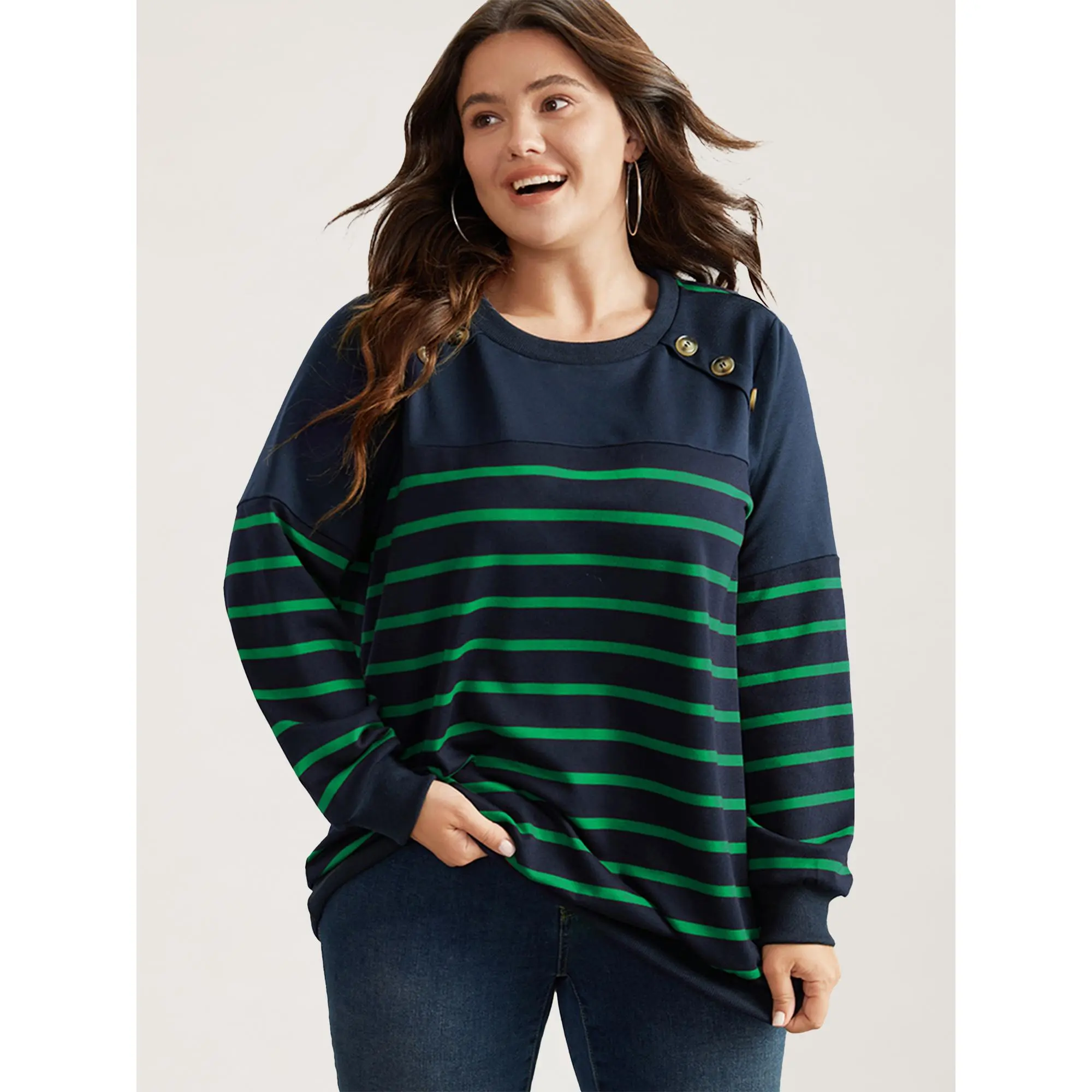 BLOOMCHIC Women's Plus Size Striped Patchwork Button-Detail Sweatshirt - Spandex-Cotton Blend, Long Sleeves, Casual Fit [M-6X] Summerfinds