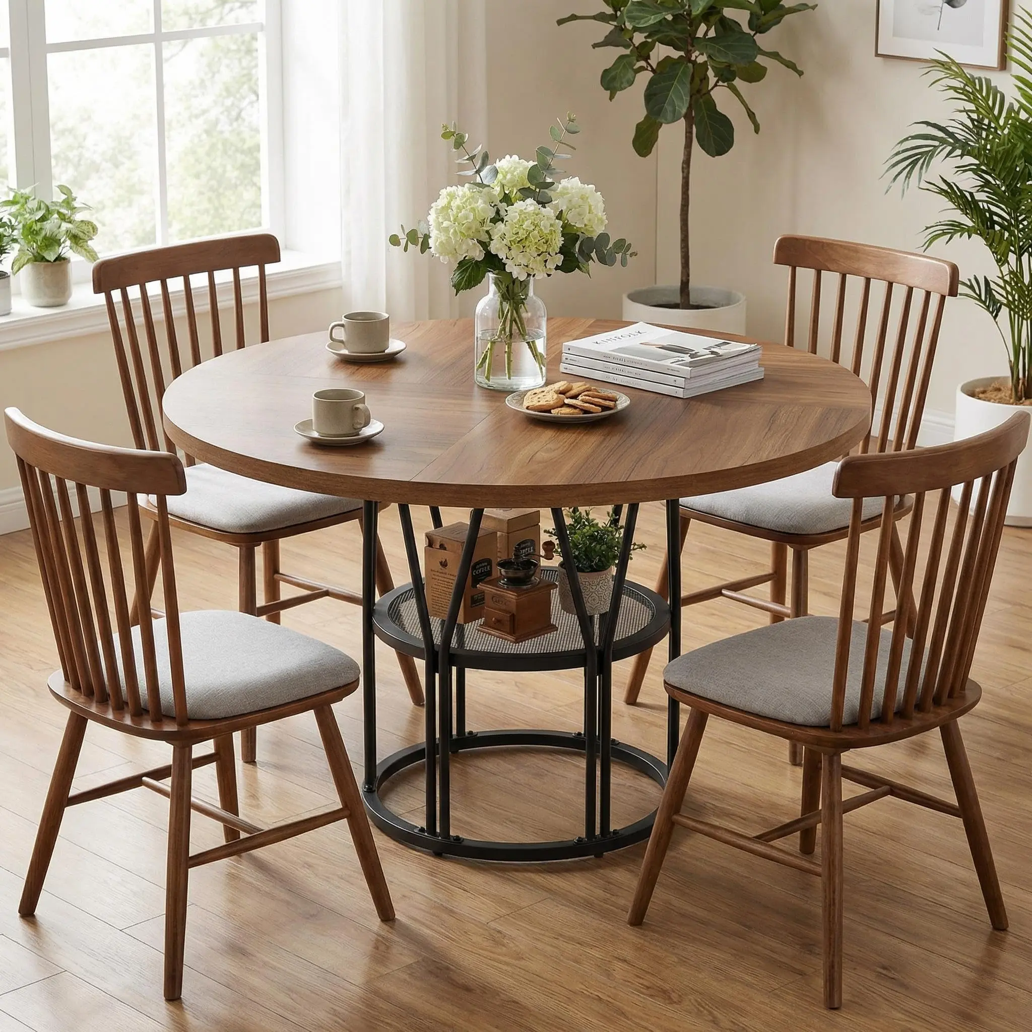 Garvee 47in Modern Round Dining Table Set of 4-6, Sturdy Metal Frame, Built-In Storage Shelf, Ideal for Kitchen & Living Room, Walnut/Black/Natural Finishes Available
