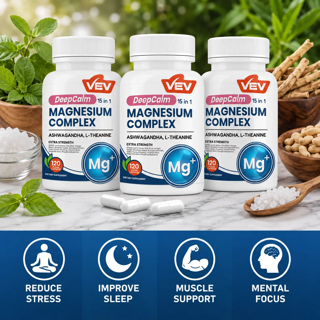 15-in-1 Magnesium Complex Capsules with Magnesium Glycinate & Citrate, Ashwagandha & L-Theanine, Supports Sleep, Relaxation, Muscle & Daily Wellness, Vegan Formula, 120 Capsules