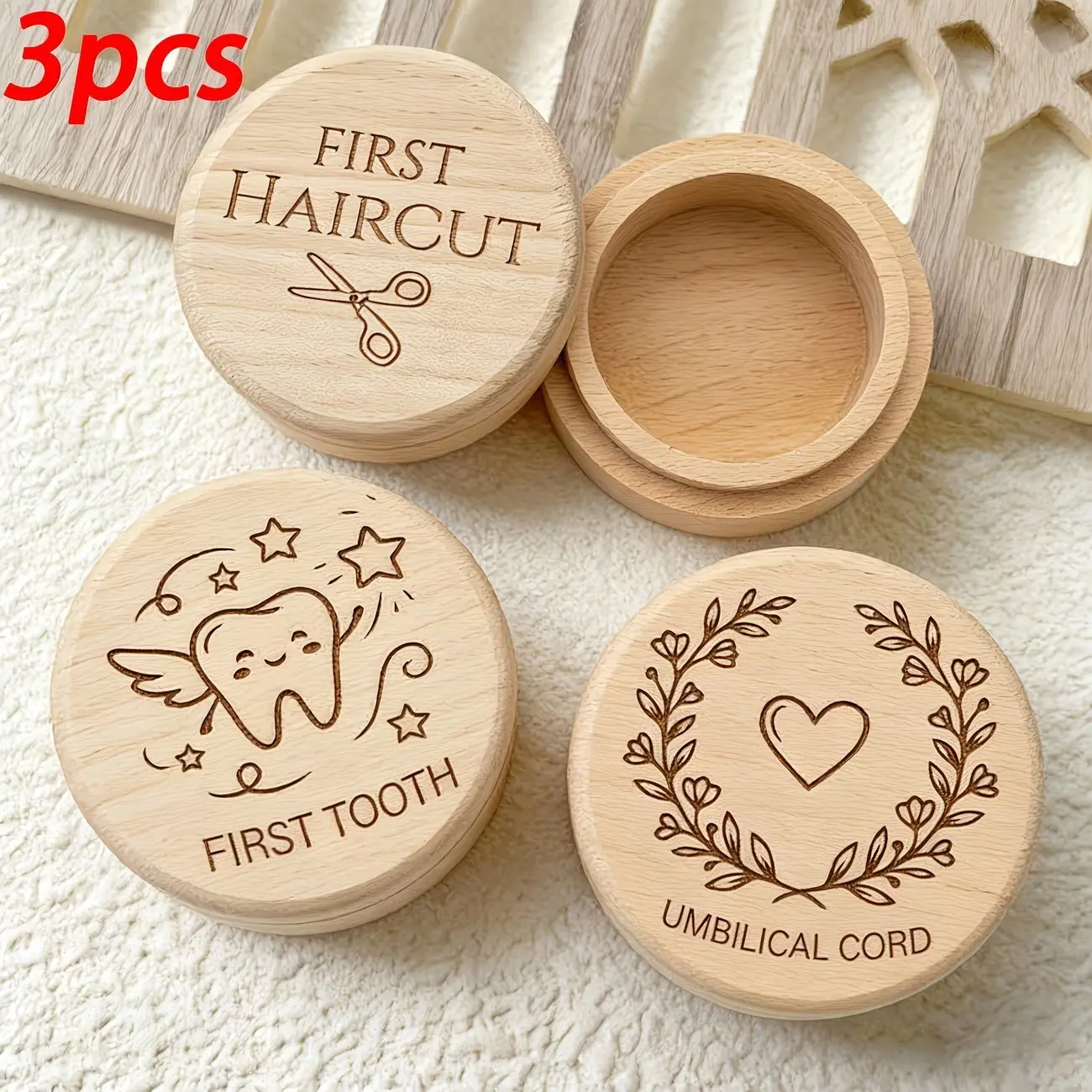 3-piece wooden storage box set, including "first baby tooth" box, "first haircut" box, umbilical cord box, fetal hair collection box, newborn souvenir, Home Decor Ornament