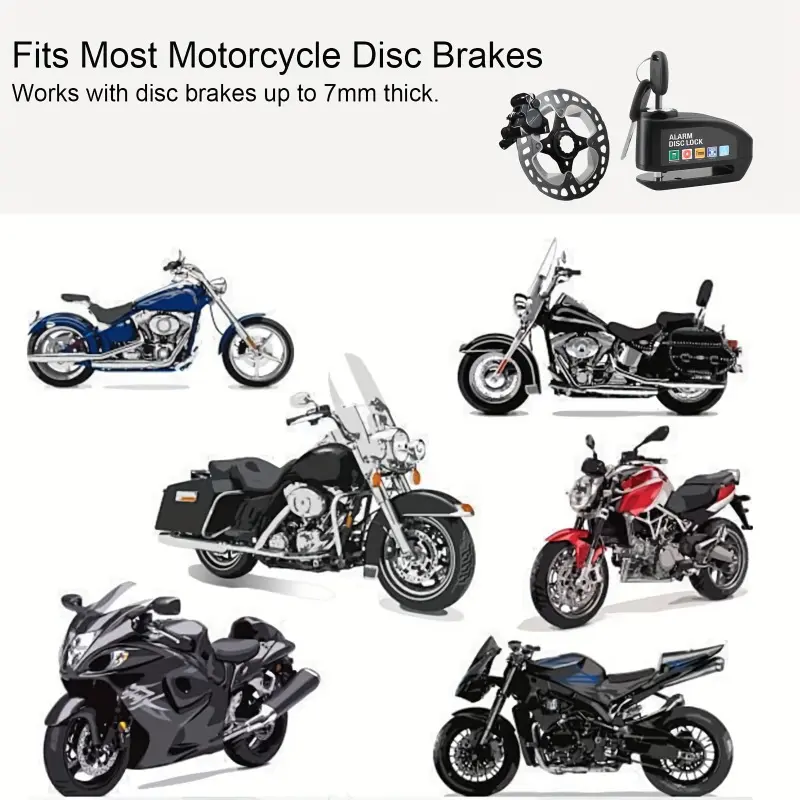 Waterproof Motorcycle Disc Brake Lock with Alarm — Anti-Theft Padlock & Security Accessory for Bicycles. Features 110dB High-Volume Alarm. Easy Installation