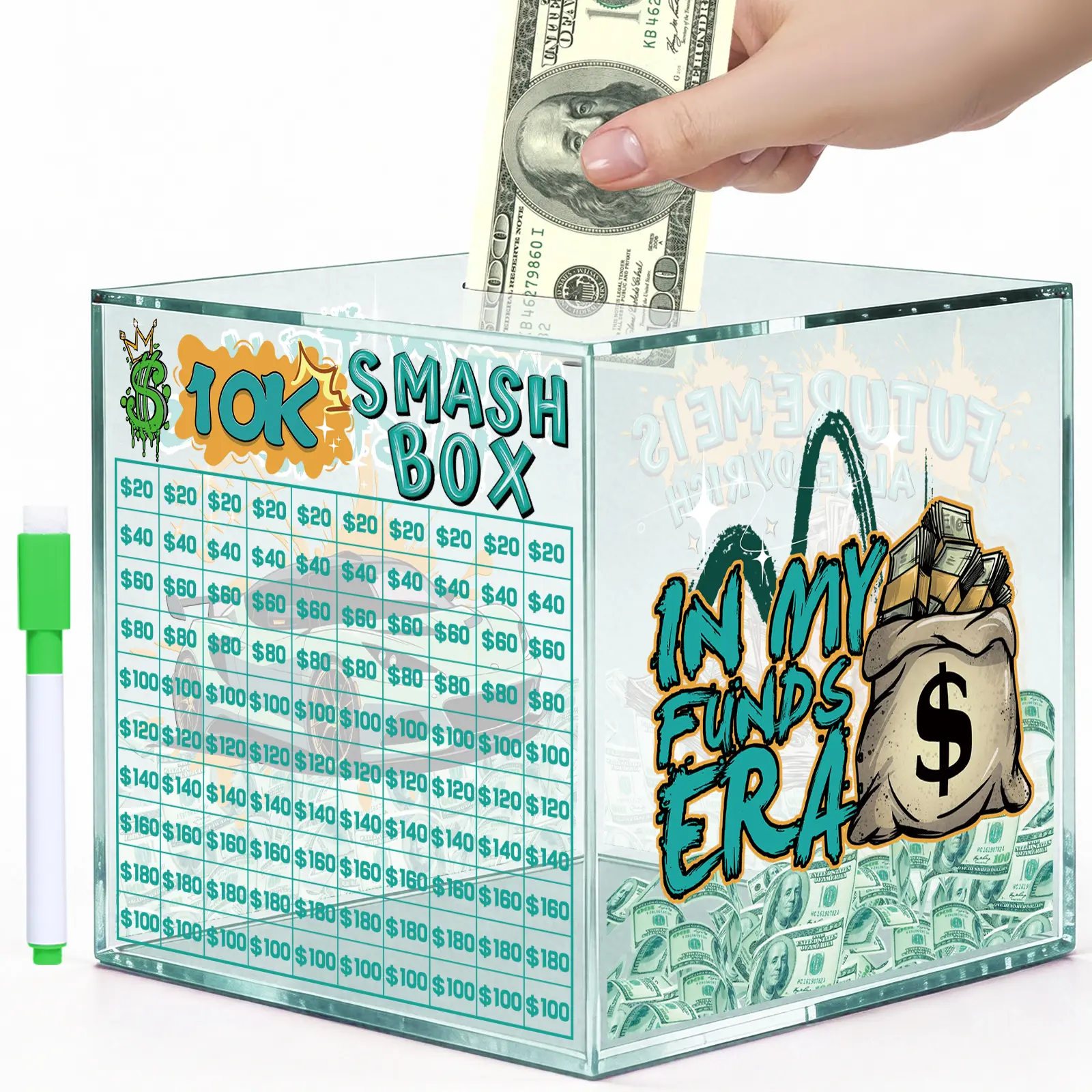10k Smash Box for Money Saving Challenge, Unbreakable Piggy Bank for Adults 10000 Money Saving Box for Cash, Big Clear Acrylic Money Saver Must Break to Open (Green)