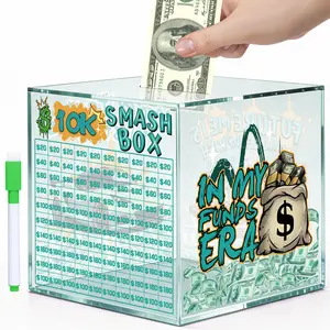 10k Smash Box for Money Saving Challenge, Unbreakable Piggy Bank for Adults 10000 Money Saving Box for Cash, Big Clear Acrylic Money Saver Must Break to Open (Green)