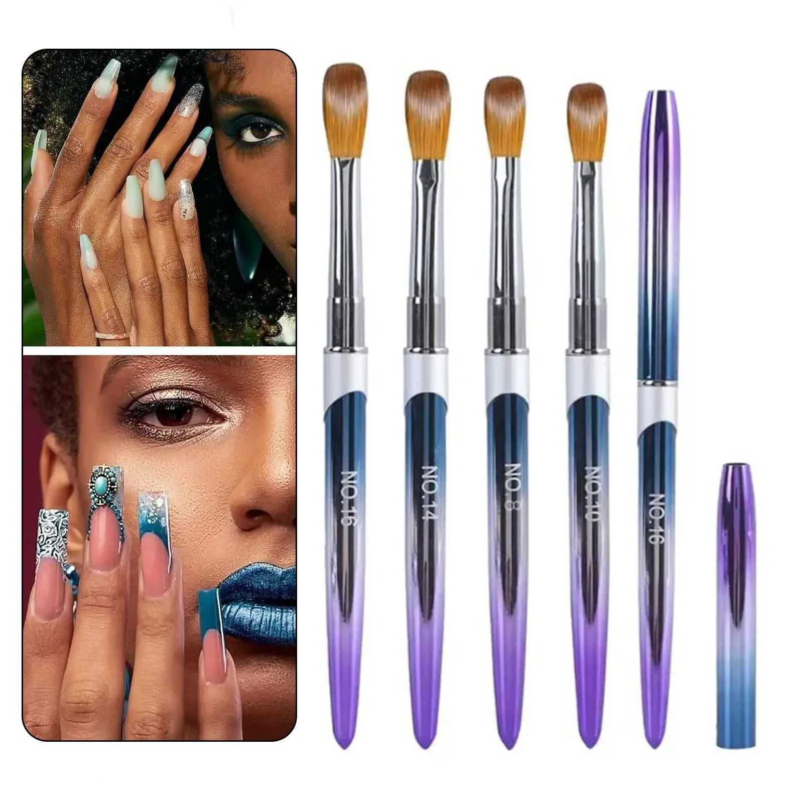 Acrylic Nail Brush Set 4 Pieces, Manicure Brush, Nail Art Brushes, Nail Art Accessories, Nail Art Tools, Includes Sizes 10/12/14/16, Blue Gradient Handle, Professional for Acrylic Powder Color and Nail Extension Carving
