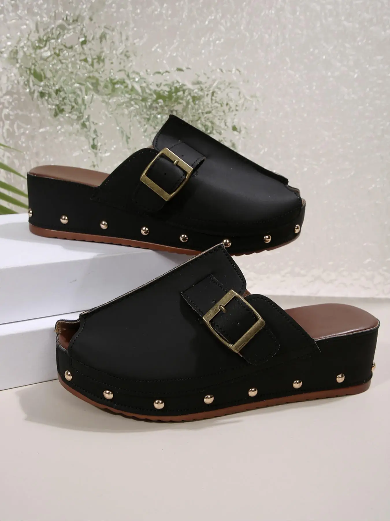 Women's Fashionable Solid Color Platform Sandals, Platform Wedge Shoes, Casual Comfortable Buckle Decorated Sandals for Summer, Footwear, Female All-m