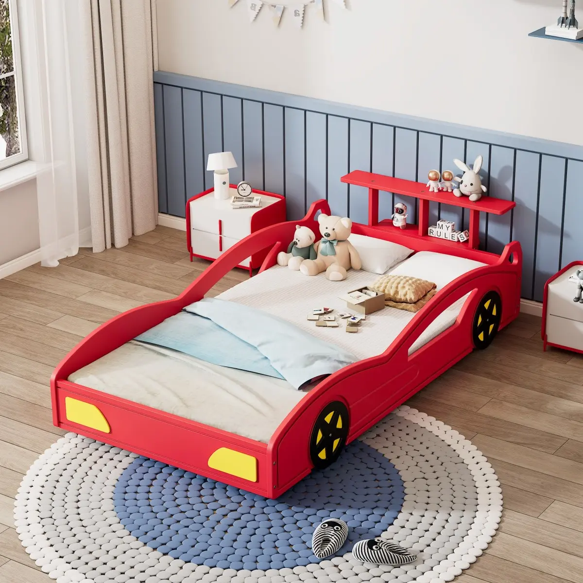 Twin Floor Bed For Kids Wooden Race Car Bed,Car-Shaped Platform Twin Bed with Wheels For Teens, No Box Spring Needed, Red & Yellow
