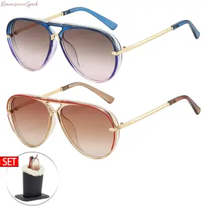 2-Pack 2026 Retro Aviator Sunglasses, multi-color gradient lenses. Lightweight design with UV400 protection, ideal for street style, travel and outdoor wear. Paired with furry-lined vegan leather holder, stable for desk, nightstand and travel storage.