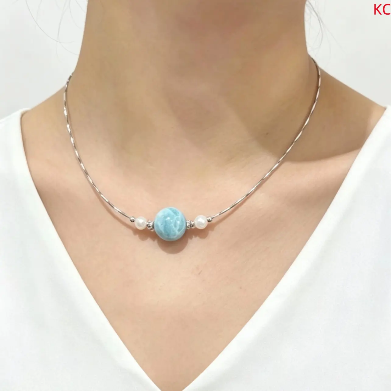 Turtle‑Pattern Larimar & Freshwater Pearl Choker Necklace, Solid Silver Simple Elegant Necklace, 45cm Adjustable Length
