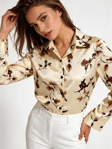 Women's Floral Print Satin Button Up Blouse,Elegant Long Sleeve Button Closure Top for Work Office Business, Ladies Clothes for All Seasons, Shirts