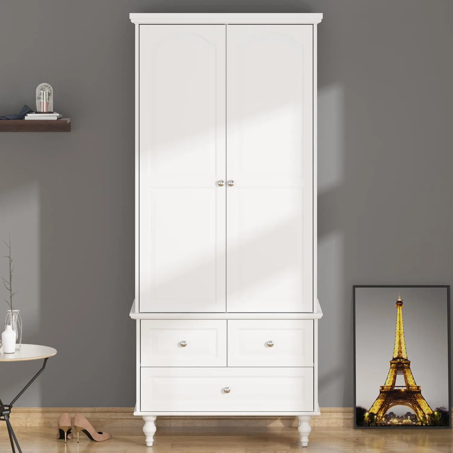 FUFU&GAGA Bedroom Wardrobe Cabinet with 2 Doors, Wood Armoire Closet with Hanging Rod, Wardrobe Closet with 3 Drawers & Multi-Shelves for Clothes Organize, White (19.7" D x 31.5" W x 70.9" H)