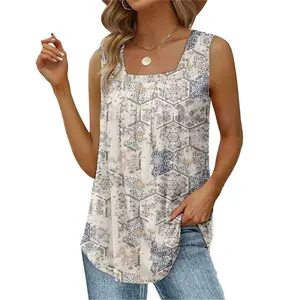Women's Summer Tank Tops Square Neck Tops Print Pleated Tunic Loose Fit Tunic Sleeveless Shirts