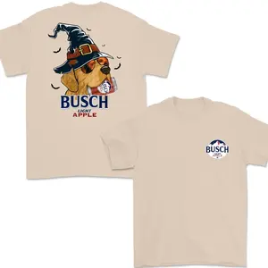 Halloween Busch Light Apple Dog T-Shirt – Cute Golden Retriever in Witch Hat, Fall Beer Lover Tee, Unisex Cotton Shirt, Gift For Men, For Women