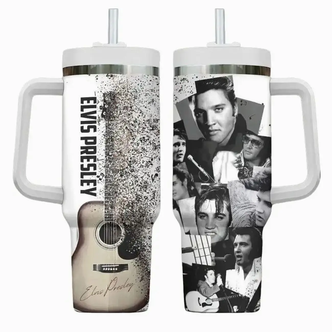 Elvis Presley Tumbler 20oz/30oz/40oz, Double Wall Insulated Stainless Steel Cup with Handle & Straw, Rock Music Travel Mug, Gift for Fans