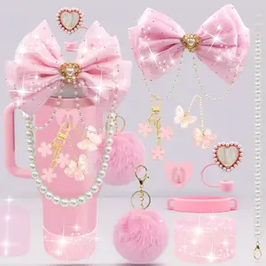 Glitter & Pearl Stanley Cup Accessories Kit for 40/30/20 oz Tumbler with Handle, Including Heart Straw Cover, Bow Straw Topper, Boot, Pom-Pom, Water Bottle Handle Strap, Keychain Charms (Pink)