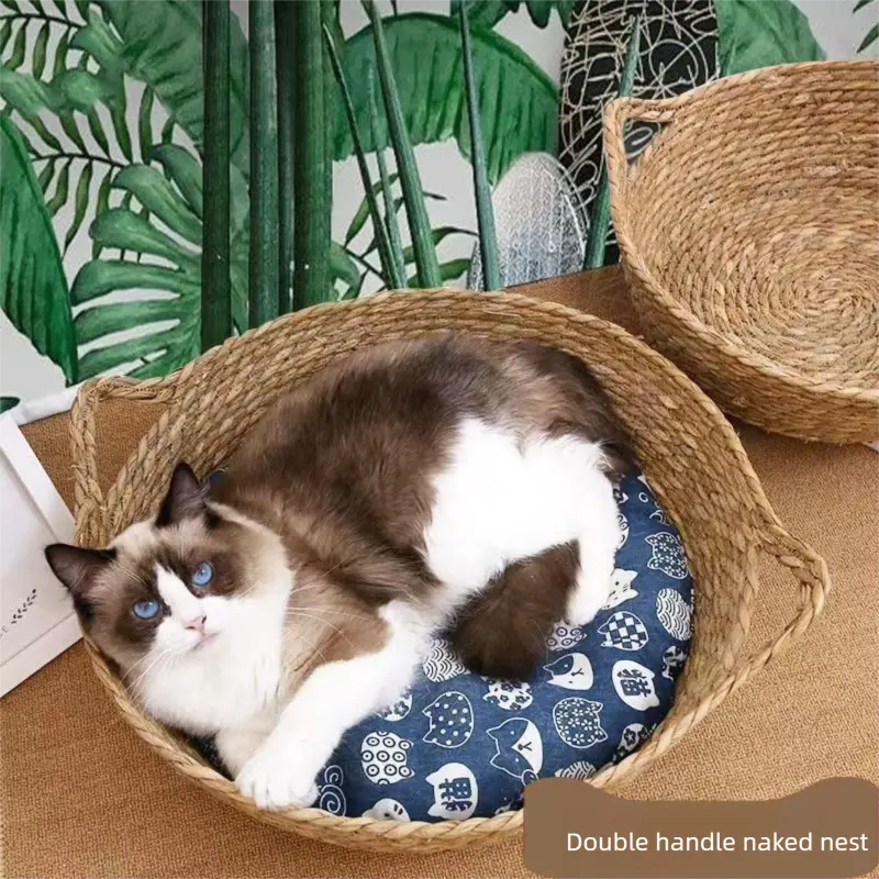 SoPets Handwoven Cat Cave Bed Cooling Rattan Pet House with Scratching Board Washable Cozy Sleeping Nest for All Seasons Cats Dogs SoPets Handwoven Cat Cave Bed Cooling Rattan Pet House with Scratching Board Washable Cozy Sleeping Nest for All Seasons Cats Dogs