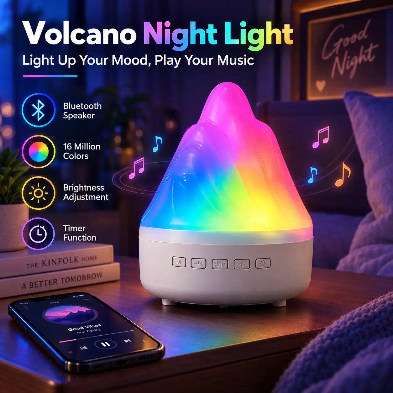 Volcano Night Light with Bluetooth Speaker, 16M Colors RGB Ambient, Dimmable Timer Bedside, USB-Powered Mood Lamp for Bedroom, Gaming Room