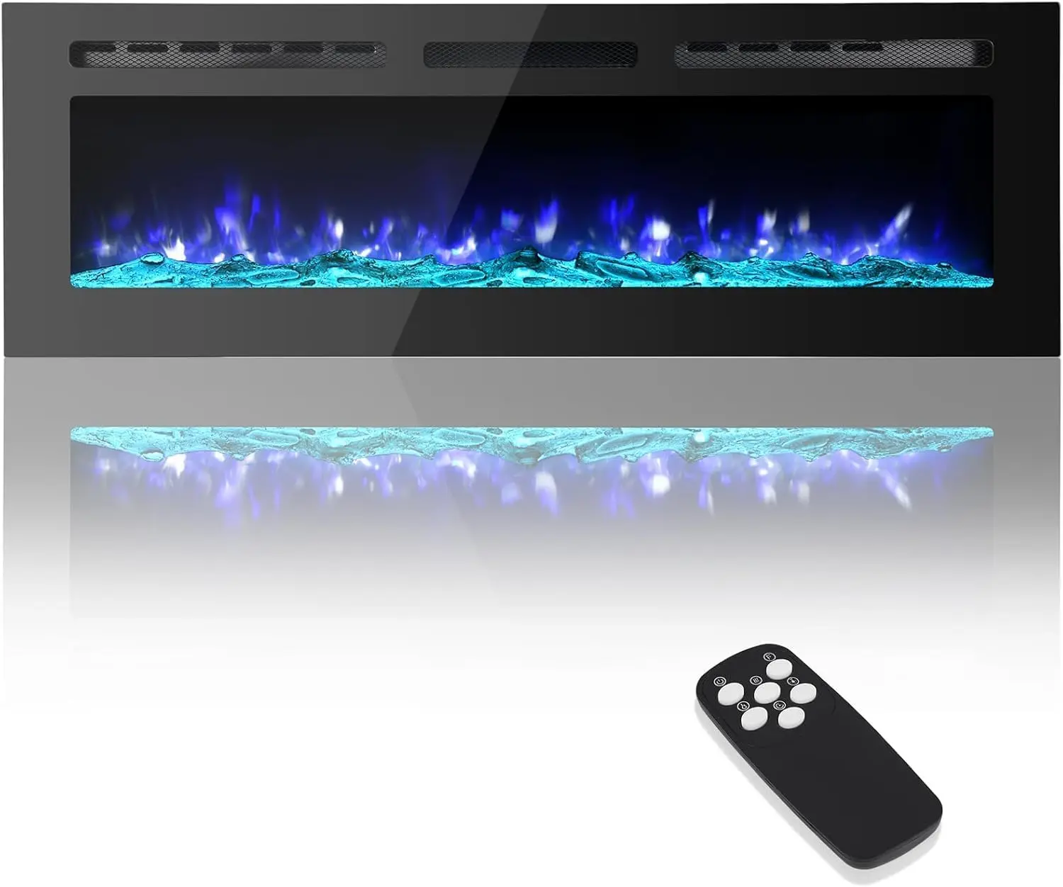 72-Inch Built-in Electric Fireplace, Wall-Mounted Heater, 12 Flame Flicker Effects, Remote Control/Touchscreen/Brightness Adjustment, Low Noise, Suitable for Bedrooms & Living Rooms, Black