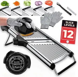 Adjustable Mandoline Food Slicer, Mandoline Slicer for Kitchen, Mandolin, Potato, Tomato, Carrot, Vegetable, Fruit and Onion Cutter - Stainless Steel - INCLUDING 1 Pair Cut-Resistant Gloves Handy Handy Handy
