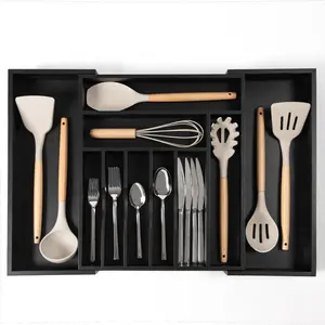 Bamboo Drawer Organizer for Silverware & Utensils,Food-Safe Contract Grade Black Finish (Expands 14.75-25in) Boxes Kitchen Knives