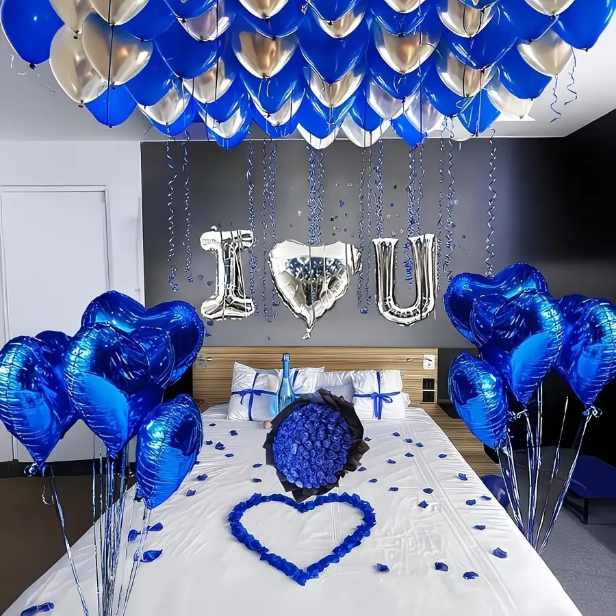 Romantic Balloon Set, 18 inch Love+1000 thick blue non-woven fabric petals, I Love You Couple Decoration, Engagement Proposal Wedding Valentine's Day Party Supplies, Birthday Decorations, Party Balloons Decorations