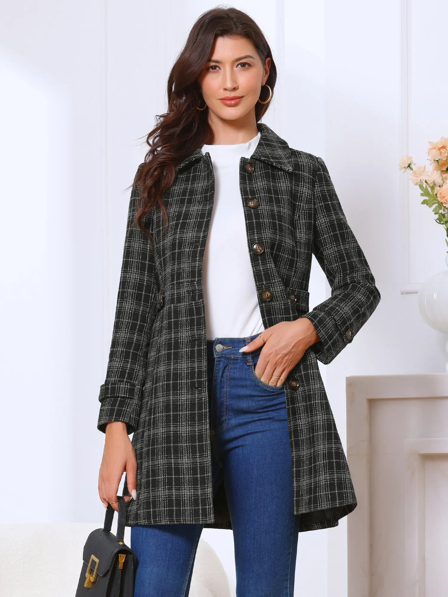 INSPIRE CHIC Women's Plaid Pea Coat Single Breasted Vintage Winter Overcoat Trench Outerwear