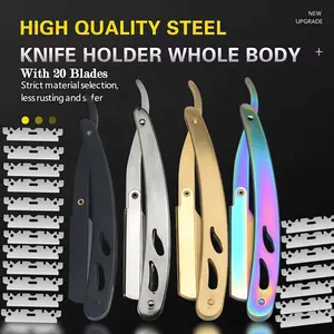 Men's Foldable Stainless Steel Shaver, 1 Razor & 20 Blades, Manual Facial Face Grooming Tool, Body Hair Removal, New Year Festival Gift