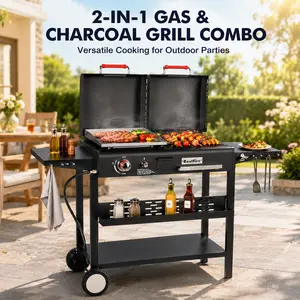 BESTFIRE 2-in-1 Propane & Charcoal Combo Grill with Flat Top Griddle, Includes dual lids & two side shelves for grilling smoking griddling backyard cooking