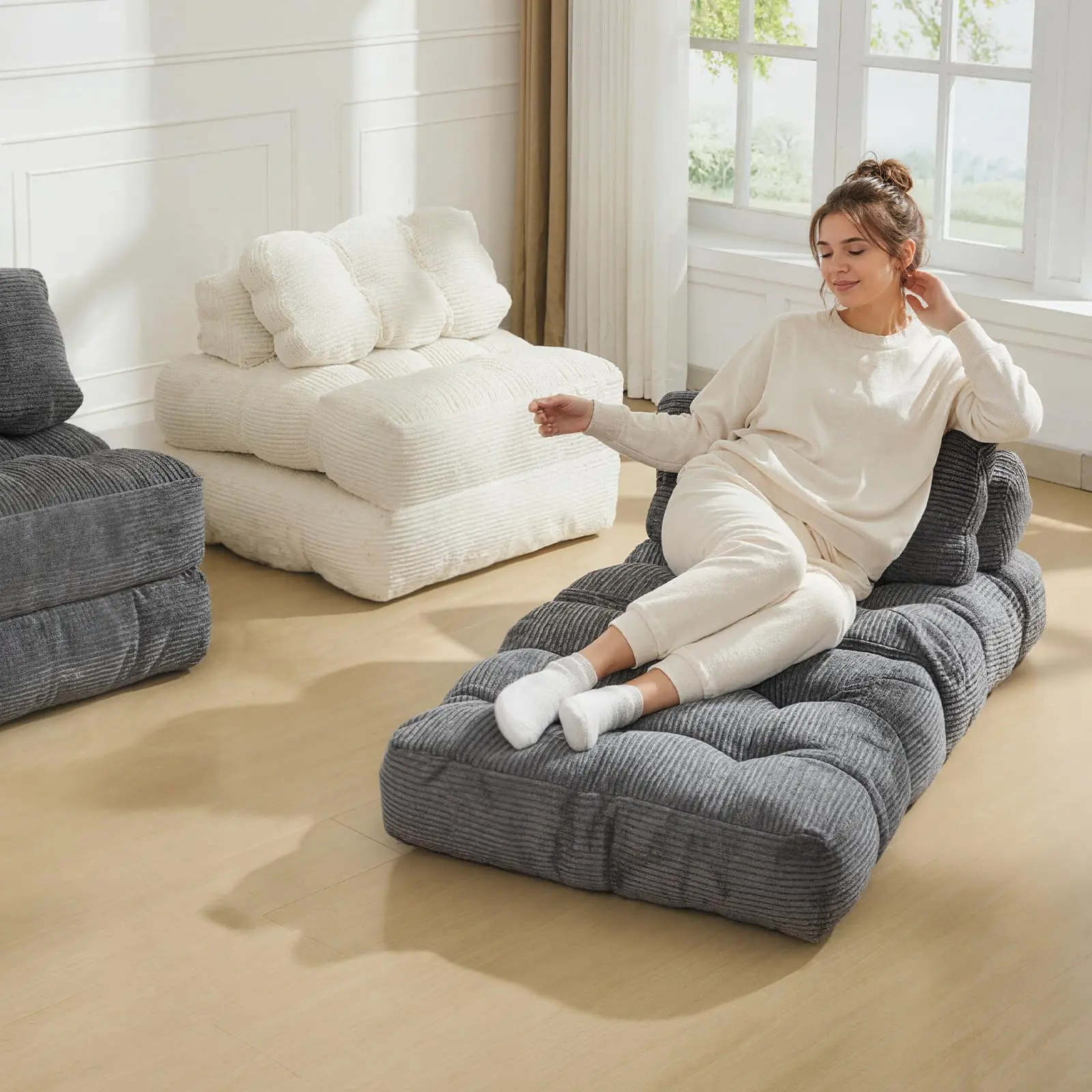 3-in-1 Single Folding Sofa Bed – Convertible armchair with mattress and pillow, comfortable backrest – Upholstered in 10mm ribbed corduroy – Easy to fold and use as a sofa, bed or lounge chair – Ideal for living room or bedroom