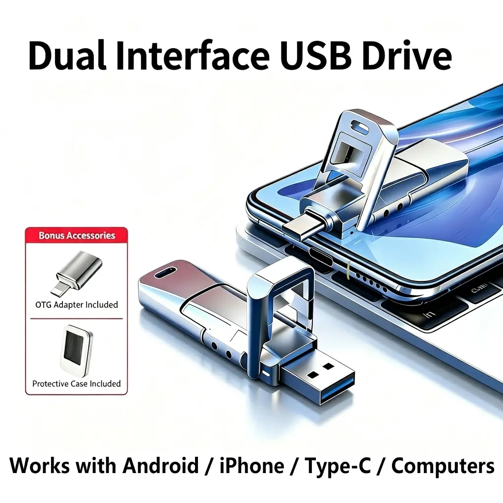 3-in-1 Titanium USB Flash Drive, Type-C OTG Memory Stick with Active Cooling Vents, High Speed Large Capacity Storage for iPhone Android PC, for Students & Tech Professionals