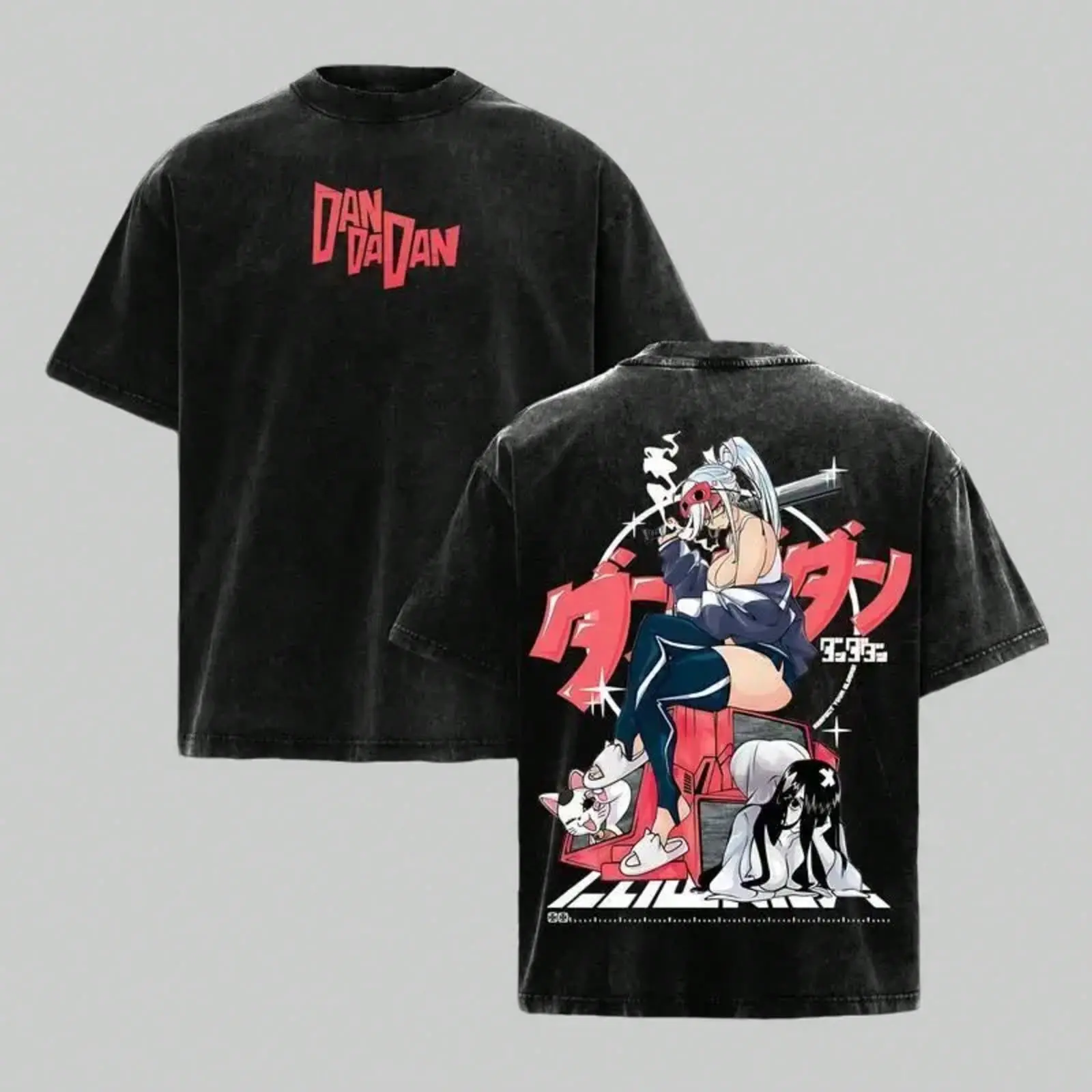 Relaxed Distressed Wash Graphic Tee Bright Red Dandadan Block Font Chest Print Vibrant Dandadan Girl Cat Ghost Anime Panel Back Heavy Cotton Short Sleeve Top Mens Retro Manga Daily Hip Hop Outfit